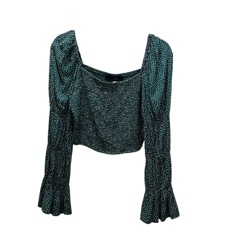 Blue Rain Green Polka Dot Smocked Crop Long Sleeve Top Cottage Core Women Size S